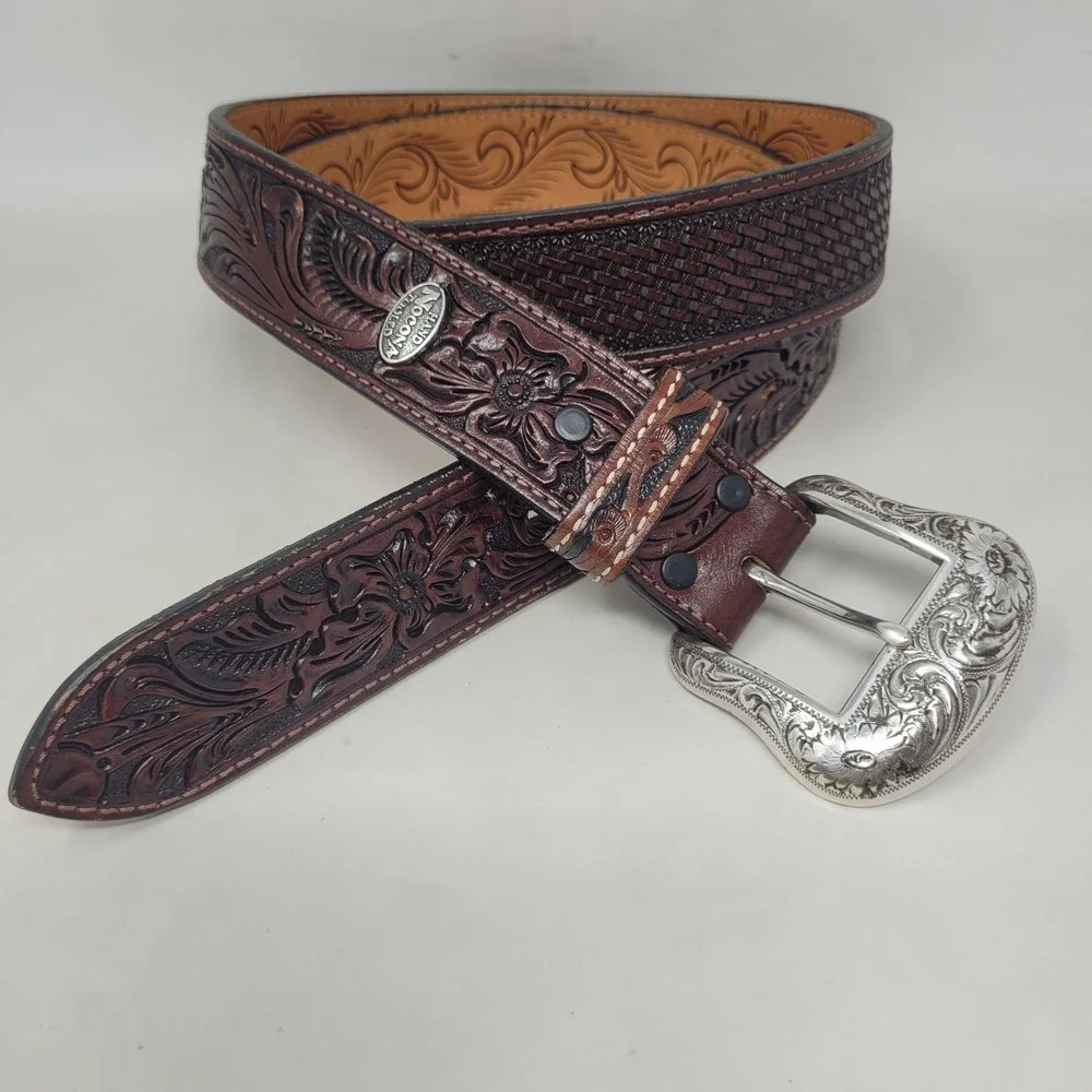 Vintage Nocona Belt 46 Brown Leather Floral Tooled Basketweave Western Cowboy